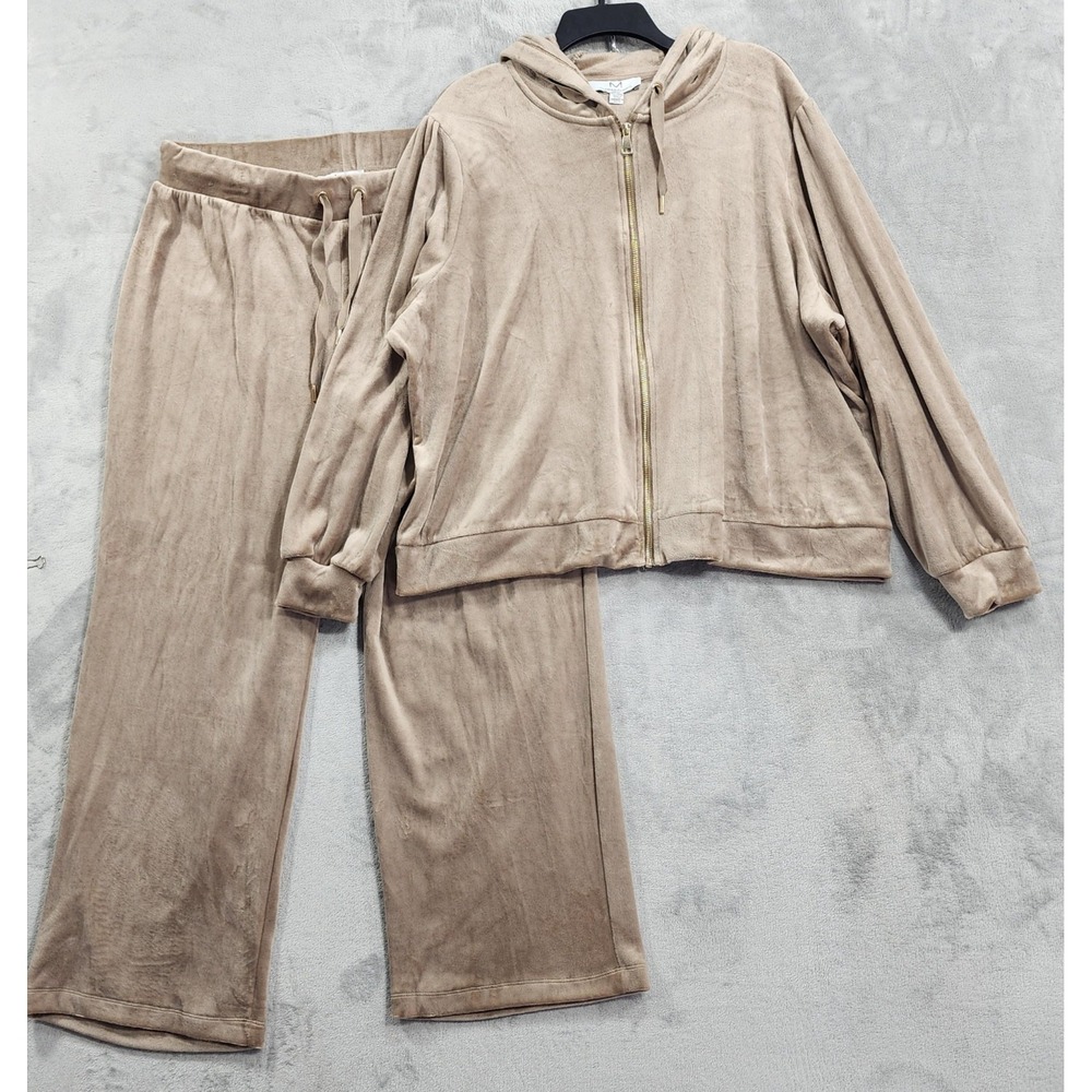 Magaschoni Sweatsuit Set Womens 2X Beige Velour Hoodie Pants Zip Hooded Lounge